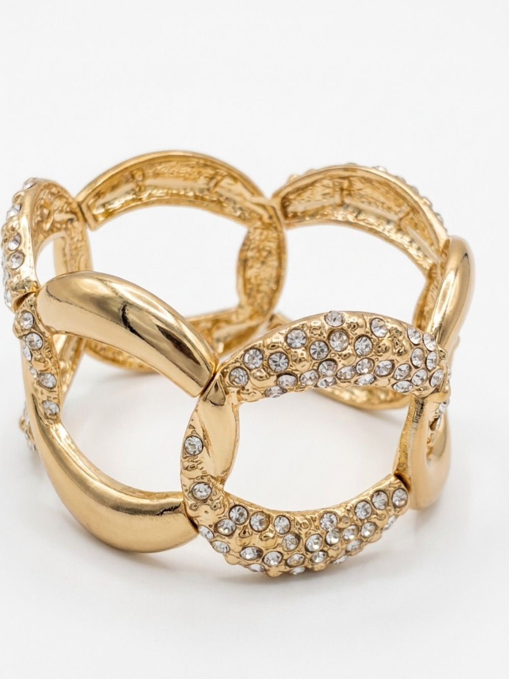 Vintage Style Gold-Tone Rhinestone Link Stretch Cuff Bracelet Sparkling Jewelry
